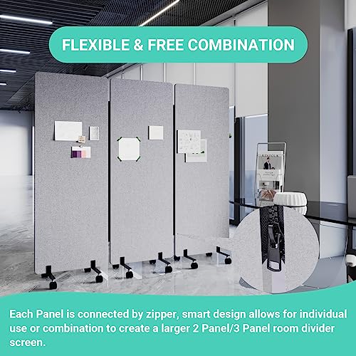 Soundproof Room Divider with Wheels, 66in Office Dividers for Sound Proofing & Reducing, 3 Panel Sound Proof Dividers for Office Partitions Portable Temporary Wall Acoustic Wall Divider，Light Grey