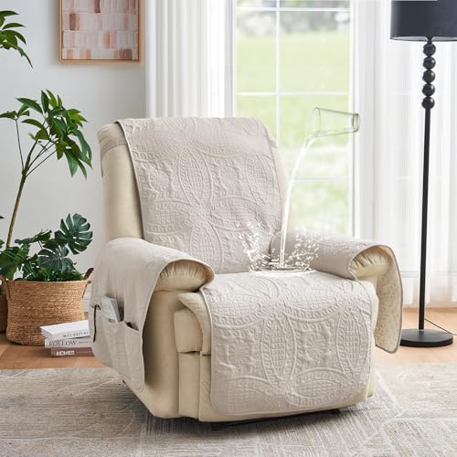 Image of Large Beige Recliner Chair Covers, Quilted Decor Water-Repellent Lazy Boy Chair Covers, Pet Friendly Large Recliner Cover for Dogs Cats, Washable Couch Cover (Recliner 30 inch, Beige Cream)