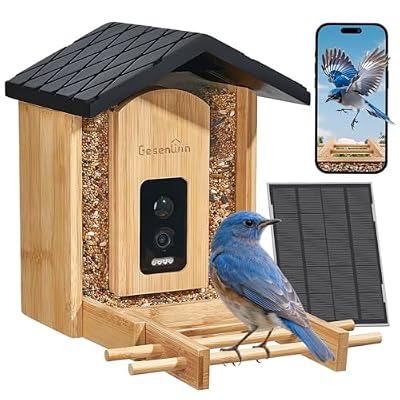 GESENWIN Smart Bird Feeder with Camera for Wild Birds - Identifies 11,000+ Species, Solar Panel Wireless Outdoors Bamboo Birdhouse with Cam,Full Colo Night Vision,2K HD Live Video & Instant Alerts
