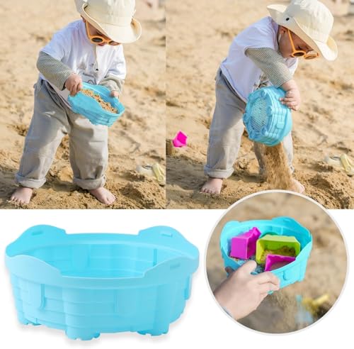 8 PCS Kids Collapsible Bucket Beach Sand Toys Sensory Playset, Portable Sandbox Digging Toys Including Pail, Shovel, Rake, 2 in 1 Shell Shark Tooth Sifter & Castle Building Sand Molds Set for Children