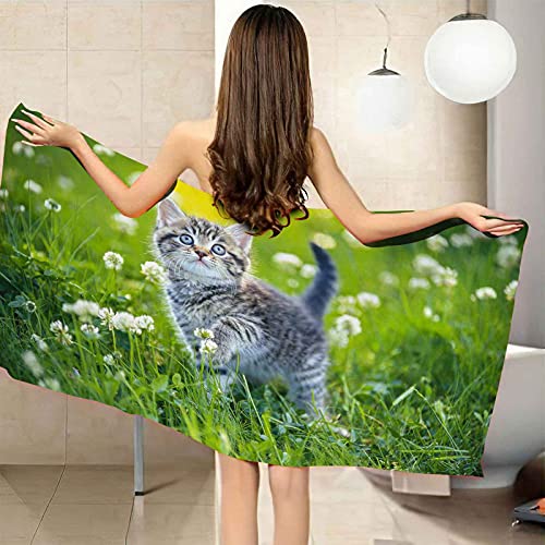 CGBNDS Serviette de Plage Enfant Chat de Prairie Verte 80X160cm Microfibre Serviette de Plage Drap de Bain Couverture Picnic séchage Rapide pour La Plage extérieure et Natation Sport Cover