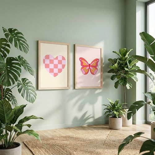 Image of NoWorries Pink Aesthetic Heart & Butterfly Wall Art Framed Painting Set | Cute Minimal Art Prints | Premium 300 GSM Paper Print with Synthetic Wooden Frame | Modern Wall Decor for Bedroom, Living Room, Girls Room & Studio (Set of 2) (NATURAL, ART-3, 10X13INCHES)