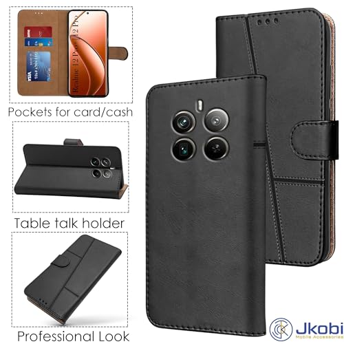 Image of Jkobi Flip Cover Case for Realme 12 Pro Plus | Realme 12 Pro (Stitched Leather with Magnetic Closure | Black)