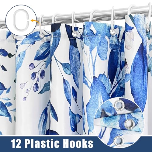 Image of Eucalyptus Shower Curtain, Abstract Aesthetic Art Watercolor Plant Leaves with Floral Bathroom Decor, Waterproof Fabric Cloth Bath Curtain Set with Hooks (Dark Blue, 72x72 Inches)