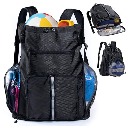 VIGEGARI Mochila grande de praia à prova d'água e à prova de areia - Bolsa de cordão extragrande com compartimento para sapatos para toalhas, produtos de higiene pessoal', Preto, Large, Mochila