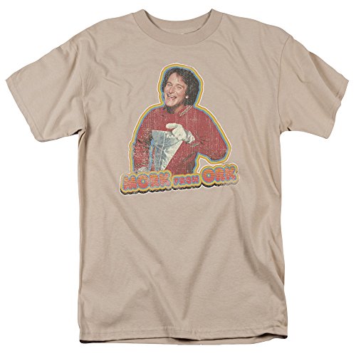 Trevco Mork & Mindy Mork Iron On Adult T-Shirt Shirt, Sand, XX-Large