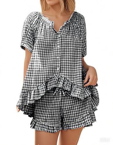 Image of codcm Womens 2 Piece Ruffle Pajama Set Gingham Pjs Short Sleeve Babydoll Shirt and Shorts Plaid Summer Outfits
