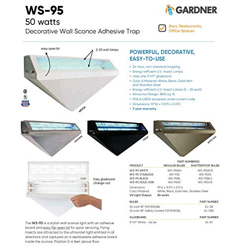 Gardner WS-95 Wall Sconce Fly Light Trap Lamp – Powerful Shatterproof UV Light - Hides Captured Flies, Mosquitoes, Other Insects – Kitchens, Restaurants, and Other Work Spaces