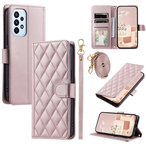 Étui portefeuille Galaxy A52S 5G en cuir rose avec bandoulière