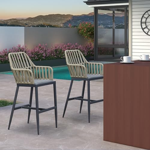 Image of PURPLE LEAF Bar Stool Set of 2 Bar Height Stools with Back Modern Bar Chairs Wicker Woven Tall Barstools Dark Grey Bar Stool Chairs