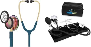 3M Littmann 5807 Classic III Monitoring Stethoscope, Rainbow-Finish, Caribbean Blue Tube, 27 inch & Primacare DS-9197-BK Professional Classic Series Manual Adult Size Blood Pressure Kit