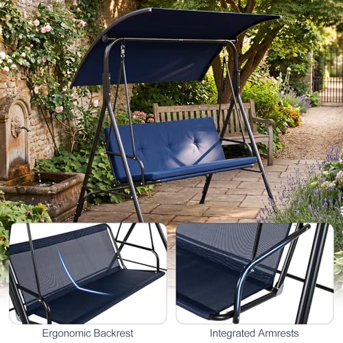 Image of Tangkula 2 Person Porch Swing, Outdoor Swing with Removable Cushions, Solid Metal Structure, Patio Swing with Adjustable Canopy for Garden, Backyard, Balcony, Poolside