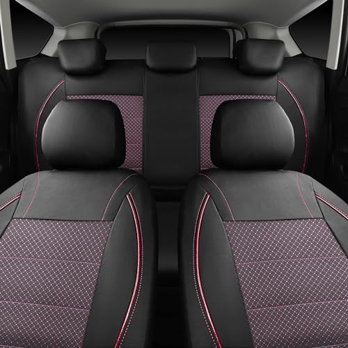 Image of CAR PASS Piping PU Leather Car Seat Cover Full Set,Inside Zipper Design and Reserved Opening Holes,Airbag Compatible,Universal FIT for Car, SUVs,Van,Trucks(Full Set, Black & Pink)