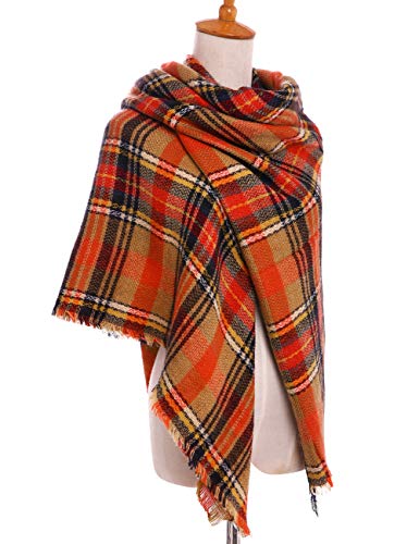 Bess Bridal Women's Plaid Blanket Winter Scarf Warm Cozy Tartan Wrap Oversized Shawl Cape (One Size, Orange) - Thumbnail 6
