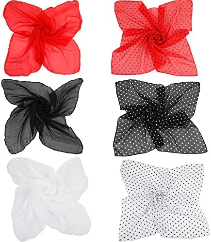6 Pieces 1950s Chiffon Scarf Sheer Square Neck Head Scarfs Vintage Neckerchief Soft Ribbon Scarf Satin Ribbon Scarves Retro Hair Tie for Women,girls,ladies,Halloween Party