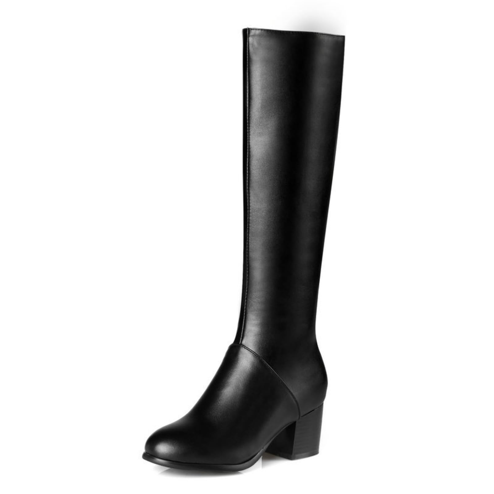 Damen Knielange Chunky Heel Warme Bürostiefel Reitstiefel Seitlicher Reißverschluss Leder High Heel Cowboy Retro Stiefel Weiten Waden Winterstiefel Rundem Zeh Lange