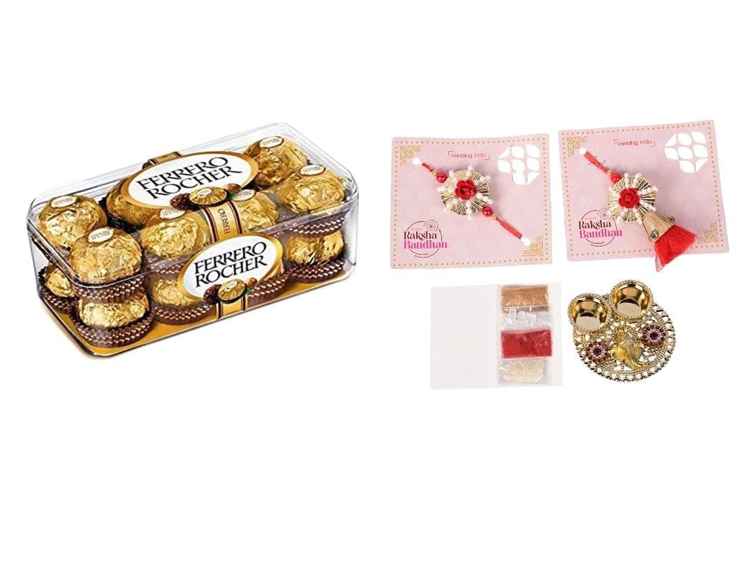 Vending India X Ferrero Rocher - T16 (16 pieces) w/Designer has Rakhi Of your Choice - With Roli, Chawal, Chandan & Mishri in a Rakshabandhan Card (Designer Stone Bhaiya Bhabhi Rakhi (VI-RAK-27)) (B092MYFXGT) Amazon Price History, Amazon Price Tracker