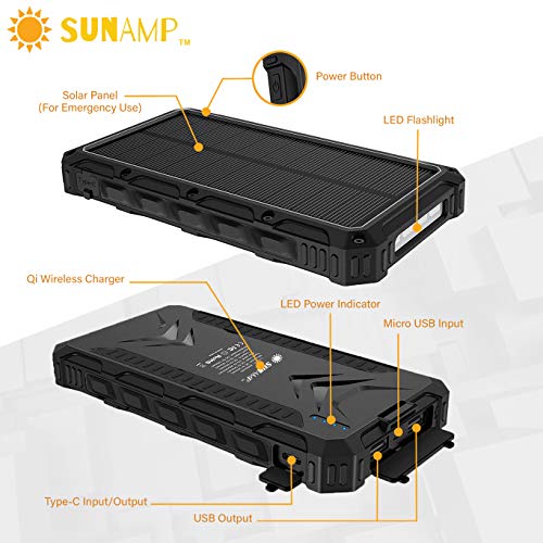 Sunamp Wireless Solar Power Bank | Solar Charger With Usb Type C Quick Charge | Bright Led Flashlight | 20,000Mah | Ip54 Rainproof Shockproof Dustproof For Travel And Outdoors | 4 Ports (Black) From #TOP1