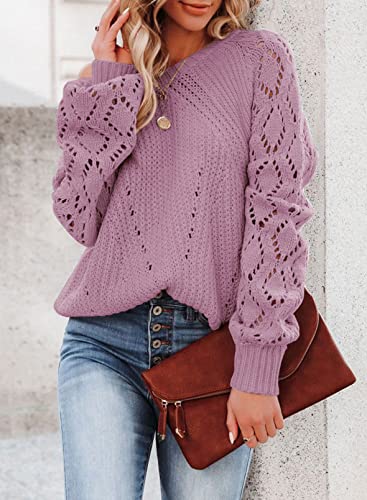 SHEWIN Women's Casual Long Sleeve Crewneck Crochet Sweater Lightweight Knit Pullover Sweaters Tops2