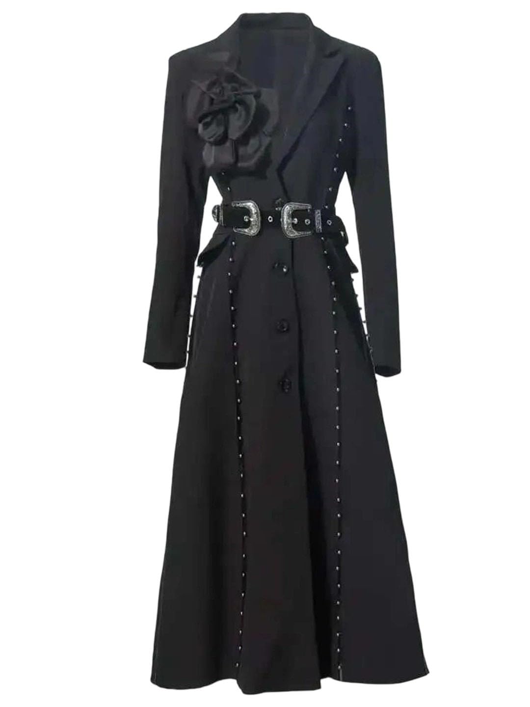 Womens Solid Color Lapel Single-Breasted Belted And Embellished Extended Trench Coat