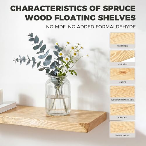 Image of 48 Inch Floating Shelves for Wall Decor, 88lbs Solid Spruce Wood Live Edge Floating Shelves, 8 inch Deep Rustic Wall Shelf for Bathroom Kitchen Bedroom Living Room, Invisible Bracket, Natural(Set of 1)