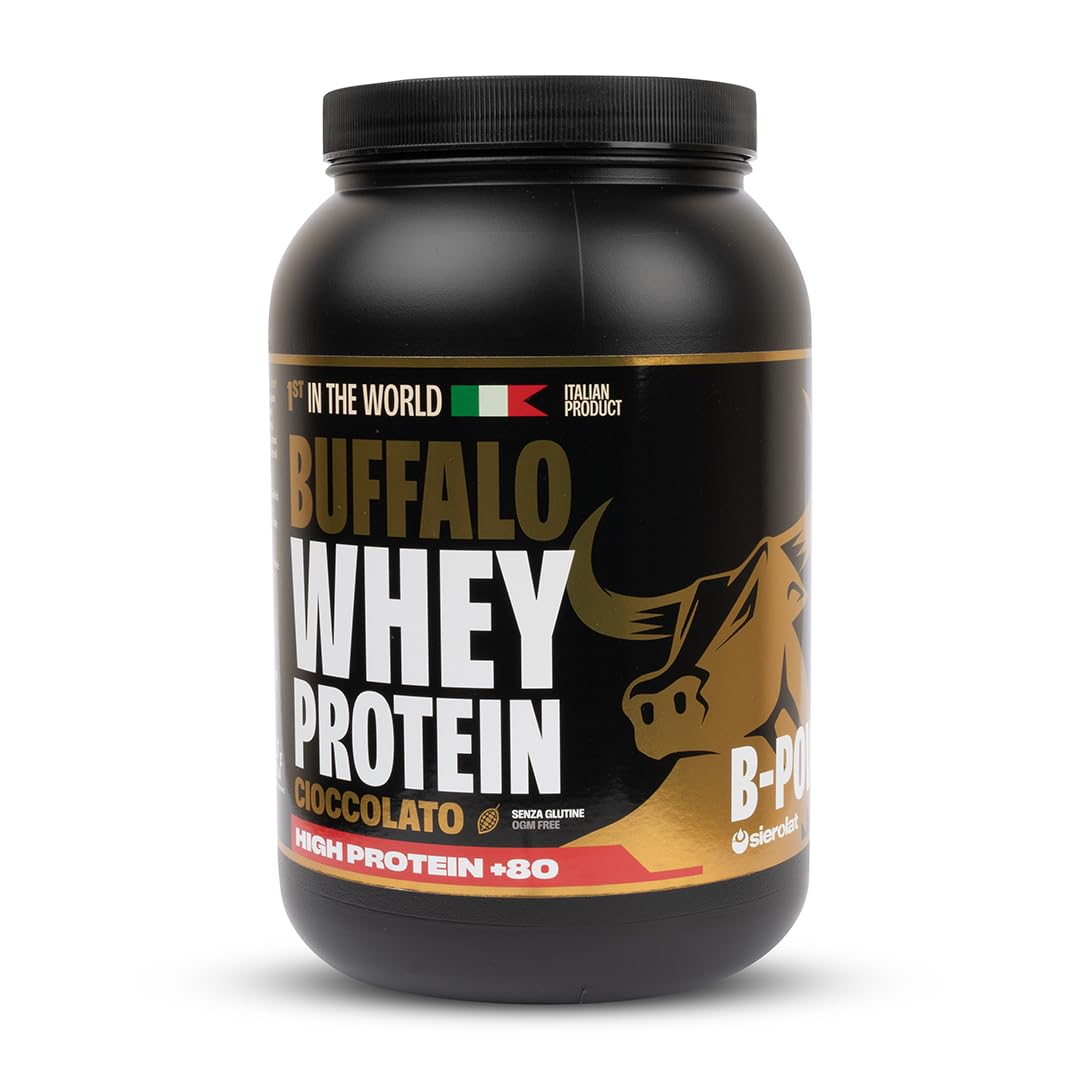 Buffalo Whey +80 Proteine in Polvere Concentrate Gusto Cioccolato 100% Italiane da Latte di Bufala, 24g di Proteine 5.5g BCAA Vitamine Gruppo B e D per supporto muscolare (34 dosi x 1020g)