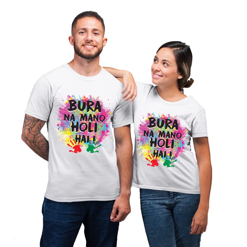 TheYaYaCafe® Couple Holi Tshirts Bura Na Mano Holi Hai for Men Women Polyester - White