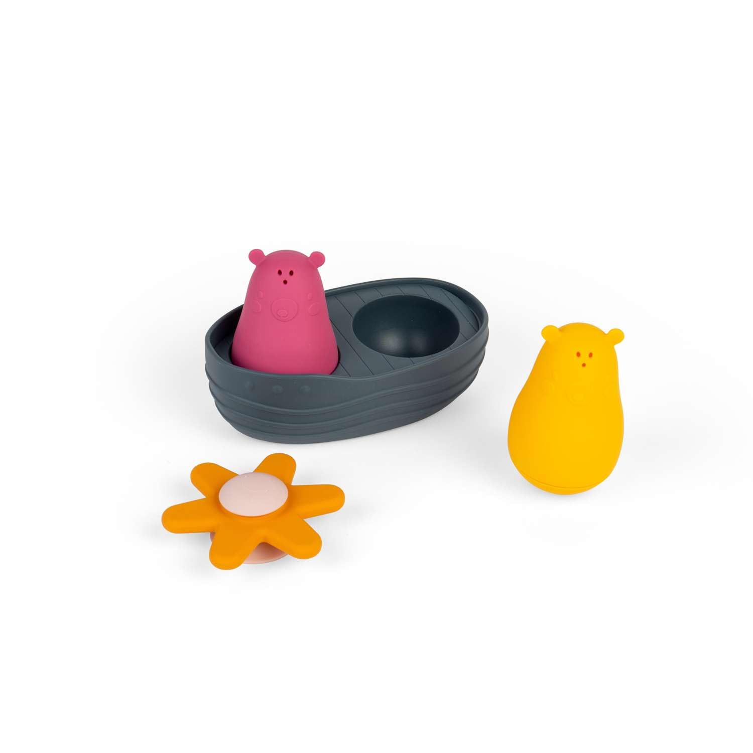 Bigjigs Toys Sensory Bath Set - 4pc Floating Animal Water Toy with Squeezy Bears, Flower Spinner & Boat, Bathtime Sets For Babies & Toddlers, 100% Silicone, Eco Gifts, Age 12 Months Old +
