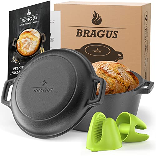 BRAGUS Casserole en fonte 2 en 1 avec poêle/couvercle, Ø 26 cm, casserole de 4,6 l, parfaite pour cuire du pain ou de la cuisson, cocotte en fonte