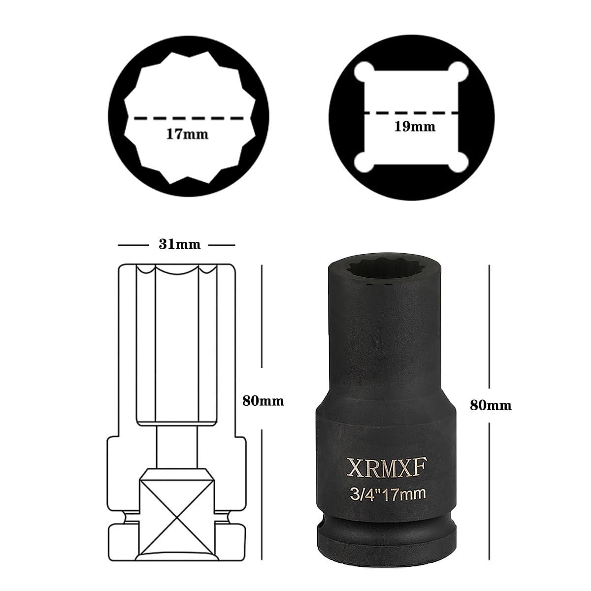 Set di chiavi a bussola da 3/4", 3 pezzi, 17, 19, 21 mm, dadi Cr-Mo | set da 12 punti
