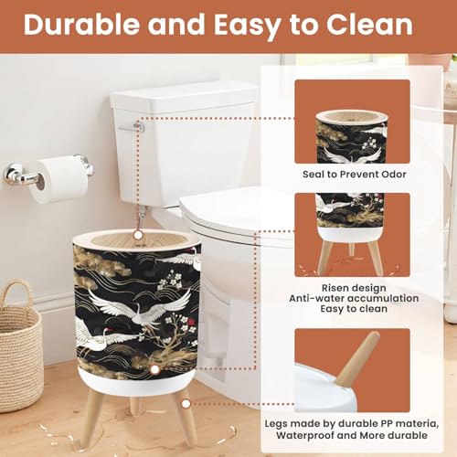 Image of Small Trash Can with Lid Japanese seamless pattern crane birds elements Asian oriental 1.8 Gallon Dog Proof Trash Can Round Garbage Can Waste Bin Wastebasket for Bathroom Bedroom Living Room
