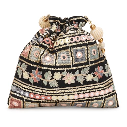 Image of LONGING TO BUY Indian Embroidered Pearl Potli Bag For Women, Sequence Design with Tassel, Wedding Potli Bags