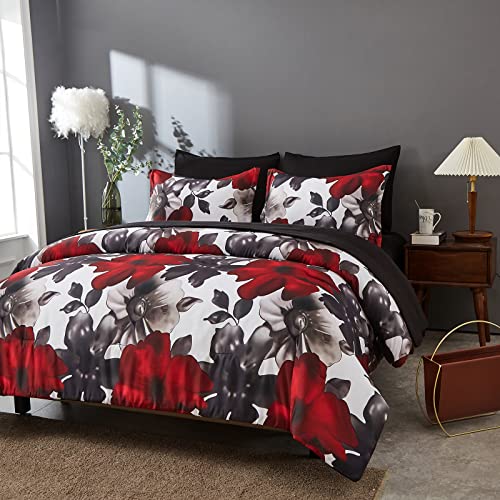Zeimon 7 Piece Bed In A Bag Queen Floral Comforter Set, Black And Red Botanical Flowers Leaves Comforter And Sheet Set, Soft Lightweight Microfiber Bedding Sets For All Season(Black,Queen) #TOP2