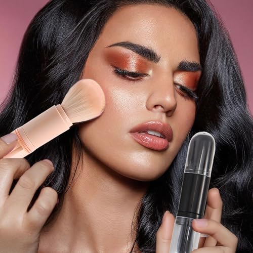 Image of TORMEN 4-in-1 Retractable Makeup Brush Set, Portable Travel, Black | 4-in-1 retractable brush set for powder, eyeshadow, highlighter, lip. Portable travel design. Soft synthetic bristles,