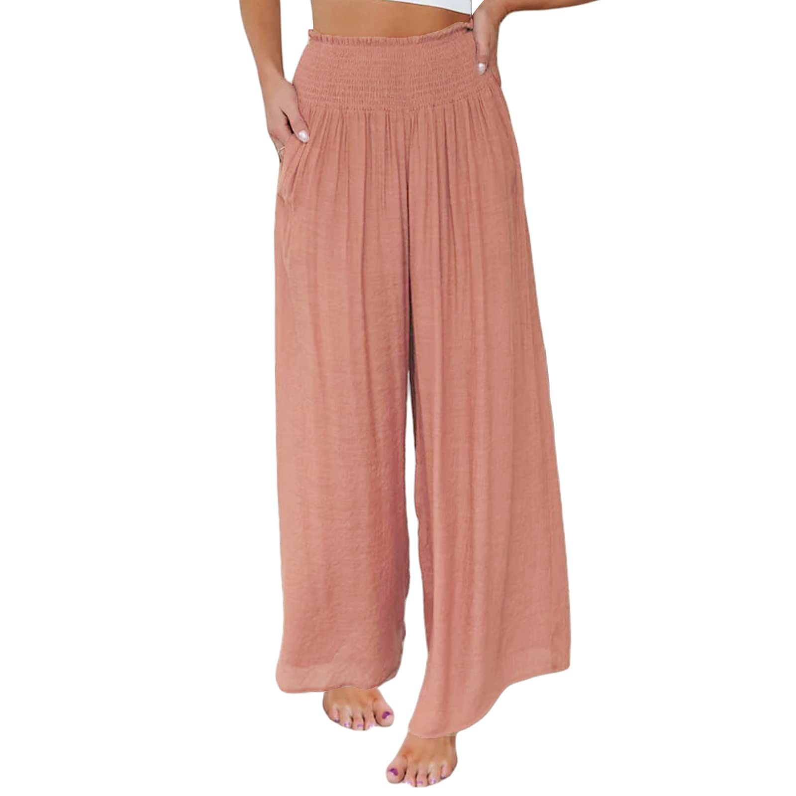HEZIOWYUN Wide Leg Pants for Women Summer Boho Ruched Elastic Waist Palazzo Pants Loose Flowy Beach Pants with Pockets