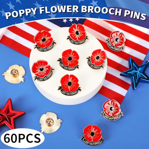 Image of SANNIX 60Pcs Poppy Pins, Poppy Flower Brooch Pins Memorial Day Lapel Pins Lest We Forget Enamel Pins Veterans Day Badge Souvenir