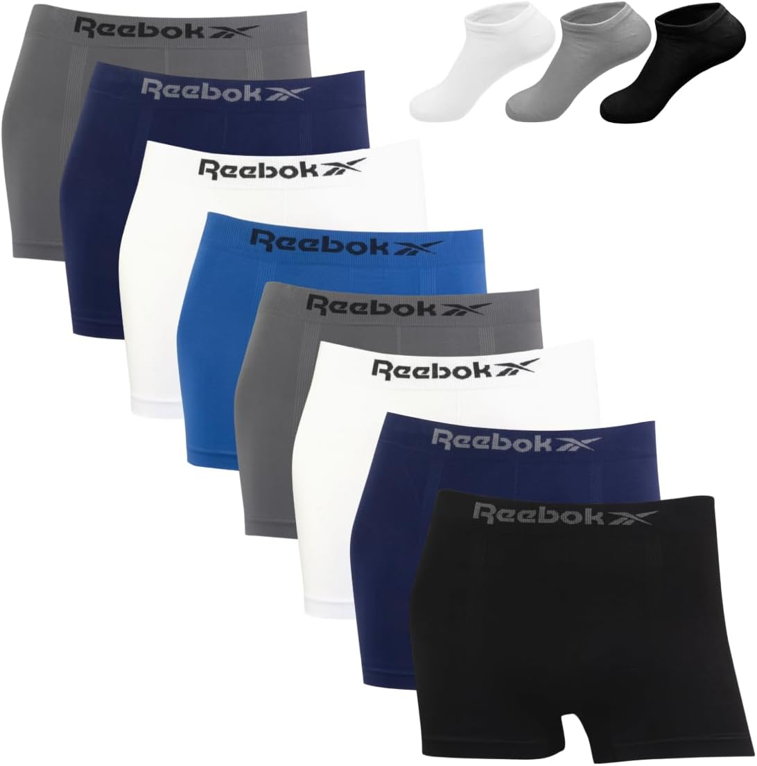 Kit 8 Cuecas Boxer Reebok Microfibra Sem Costura Sortida + 3 Pares Meia M4
