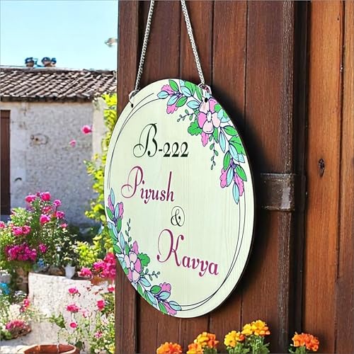 Image of P Arts Personalized Door Name Plate for Home Entrance Round Shaped 10x10 Inch Name plate for home entrance, Door name plates MDF Wood, Black & White (Colorfull-04)