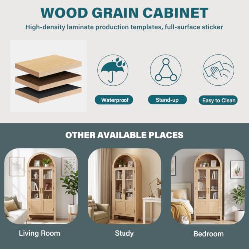 Image of Arched Storage Cabinet with 2 Doors and 5-Tier Shelves for Living Room, 71 inch Tall Wooden Pantry Cabinet for Dining Room and Kitchen, Floor Bathroom Organizer, Natural Wood Color