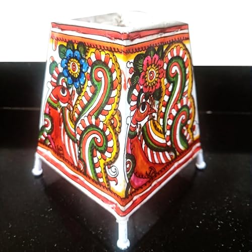Image of Andhra Leather Craft Lamp Shade, Small (6 inch x 4 inch / Set of 1)-Peacock Design | 2 meter wire with bulb holder and socket included - Handpainted Leather Table Lamp: Tholu Bommalata