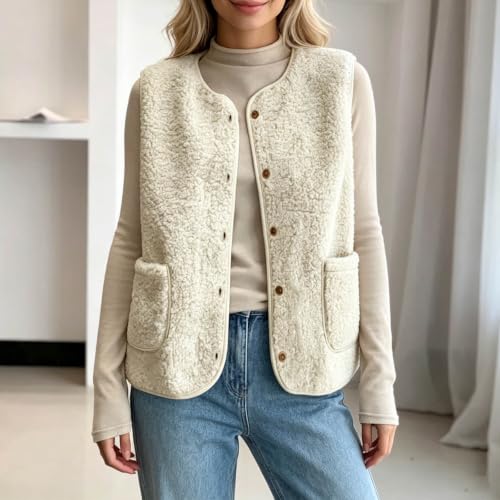 Womens Sherpa Fleece Vest Button Front Crew Neck Pockets Casual Fall Layer - image 3