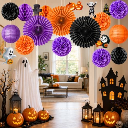 Purple Black Orange Halloween Party Decorations 20Pcs, Halloween Paper Fans - image 3