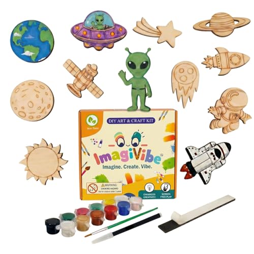 Image of ImagiVibe Paint Your Own Space Theme Fridge Magnets Kit for Kids | 12 MDF Cutouts DIY Painting Activity with Colours & Brush | Creative Screen-Free Art & Craft Kit | Made in India (Space)
