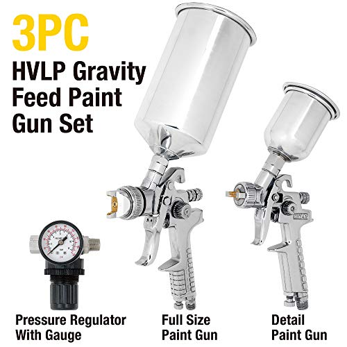 Image of 3 Piece HVLP Paint Spray Gun Set - Full-Size Gravity Feed Spray Gun, Detail Touch-Up Gun, and Pressure Regulator with Gauge, Aluminum Cups, Lightweight & Rust-Resistant - 837234