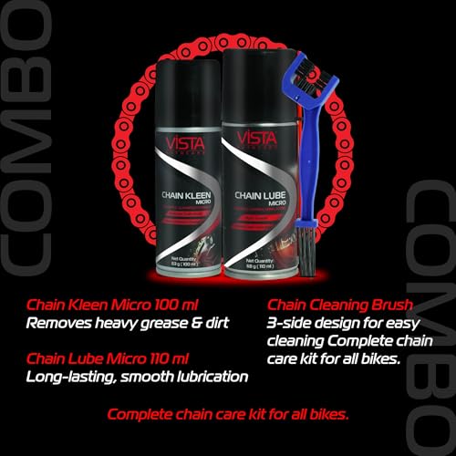Image of Vista Auto Care Chain Care Combo | Chain Kleen + Chain Lube + Brush | Premium Bike Chain Cleaner & Lubricant Kit | Removes Tough Grease | Prevents Rust | Enhances Chain Life (Chain Care Combo Micro)