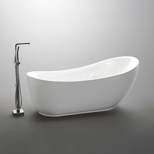 Miniatura 2 de ANZZI Tina independiente moderna de 71 pulgadas, acrílico blanco brillante + fibra de vidrio, bañera de hidromasaje independiente + desbordamiento y