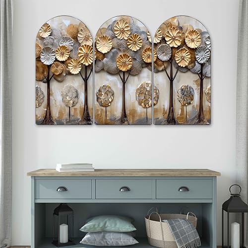 Image of Livin'luxe Golden & Silver 3D Abstract Tree Arch Shape Wall Painting Set of 3 | Sparkle Laminated HD Print on MDF | Modern Metallic Tree Artwork for Living Room Bedroom Home (30 x 50 Inch) RPNL-35359