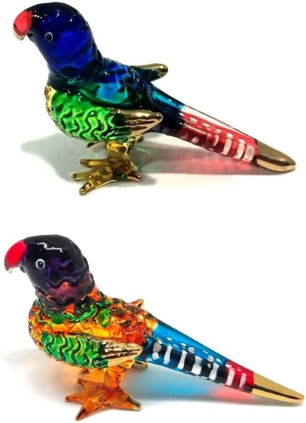 (Bundle of 2) Handmade Mini Blown Glass 2" Blue and Orange Parrot Bird Fantasy Figurine Art, Cool Stuff, Miniature Animals, Home or Garden Decor Gift Ideas
