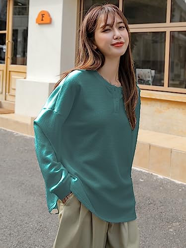 Image of Women's Waffle Button Down Neck Korean Tops for Women || Oversized t Shirts for Women || Long Sleeve Tops