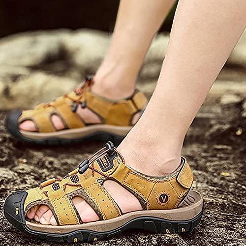 MILDSEVEN Hollow Out Men's Closed Toe Sandals, Fashion Real Leather Hiking Sandals, Large Size Backpacking Beach Shoes,9,Gold2